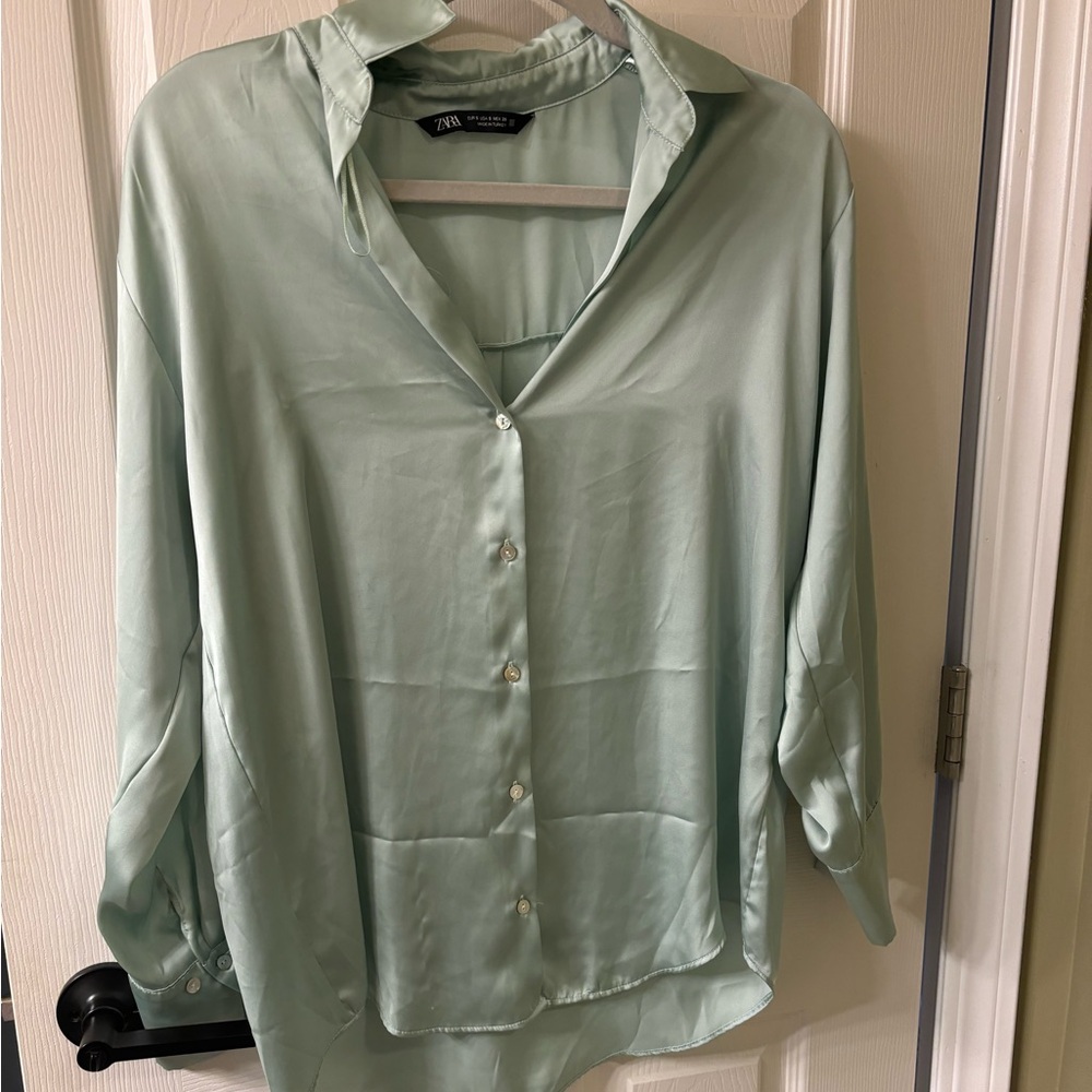 Zara mint button down silk  blouse